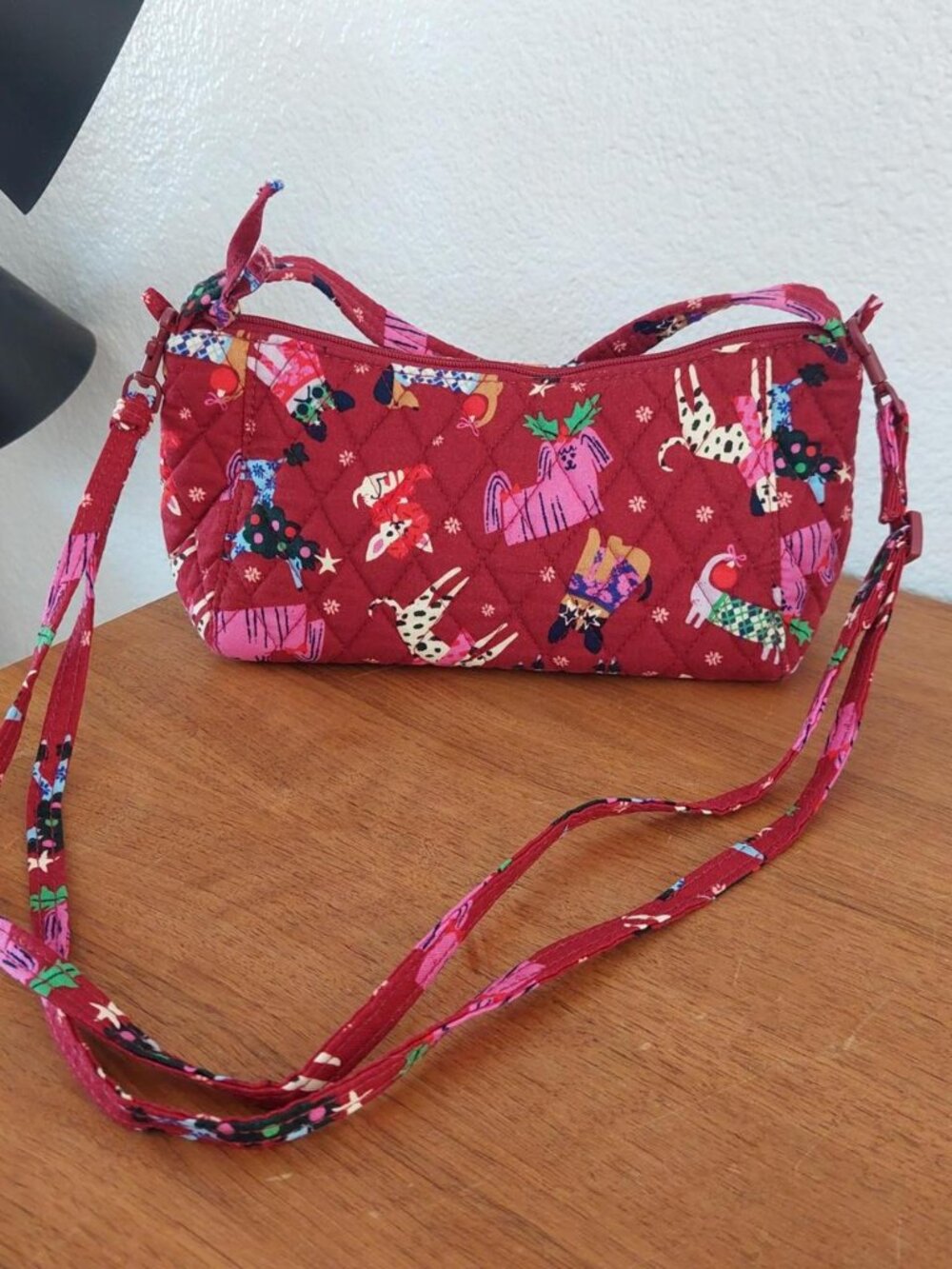Vera Bradley Holiday Hounds Mini Slouchy Crossbody Bag, Quilted Cotton Red Chris